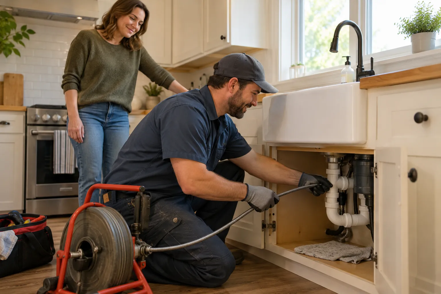 Friendly plumber clearing a kitchen drain in a San Bernardino home