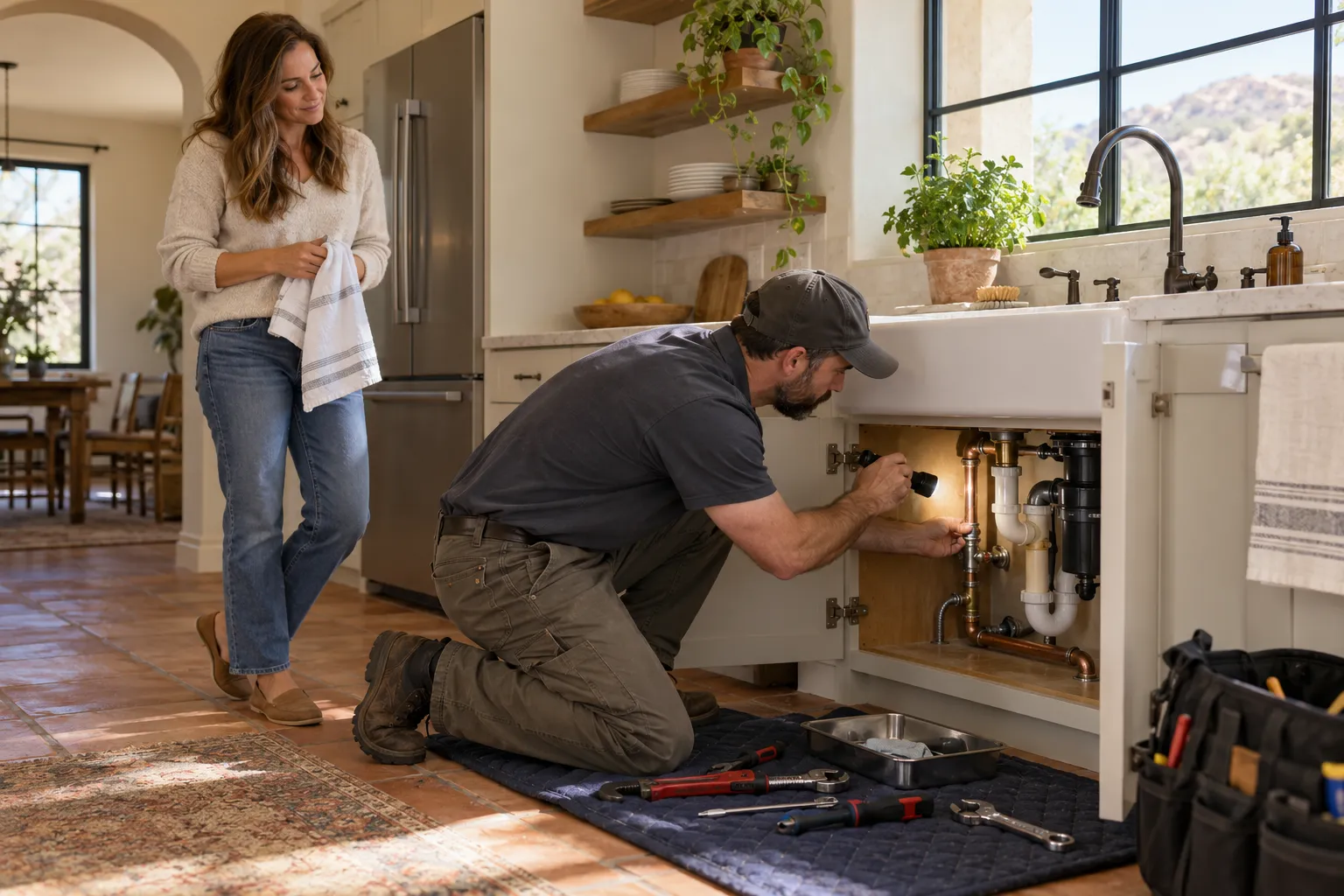 A local provider checking a pipe under a kitchen sink in a San Bernardino home