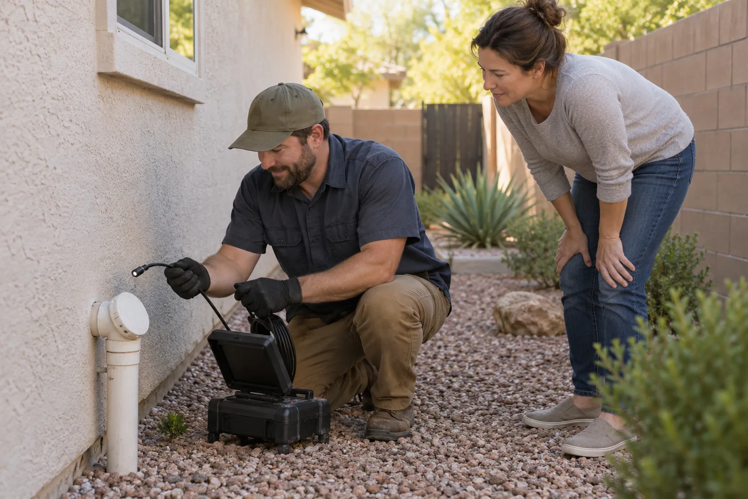 Local plumbing provider checking a sewer cleanout in a home yard in San Bernardino